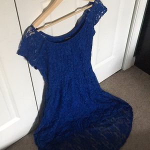 Blue Lace Shortsleeve High-Low Dress